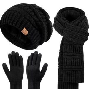 Winter hat scarf and touchscreen gloves set black